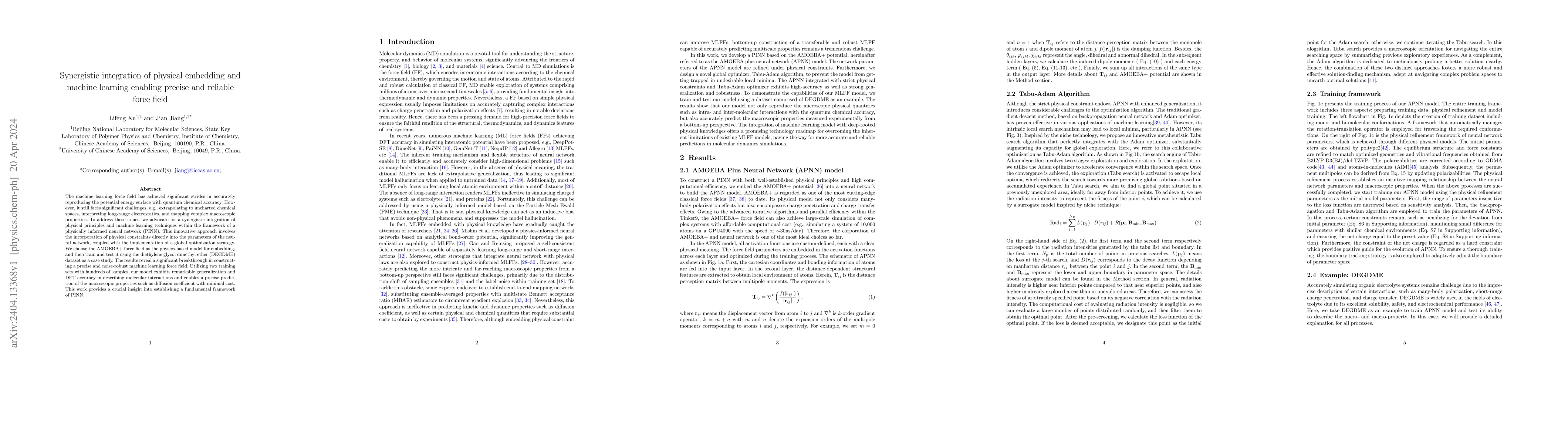 Thumbnail for Synergistic integration of physical embedding and machine learning
  enabling precise and reliable force field