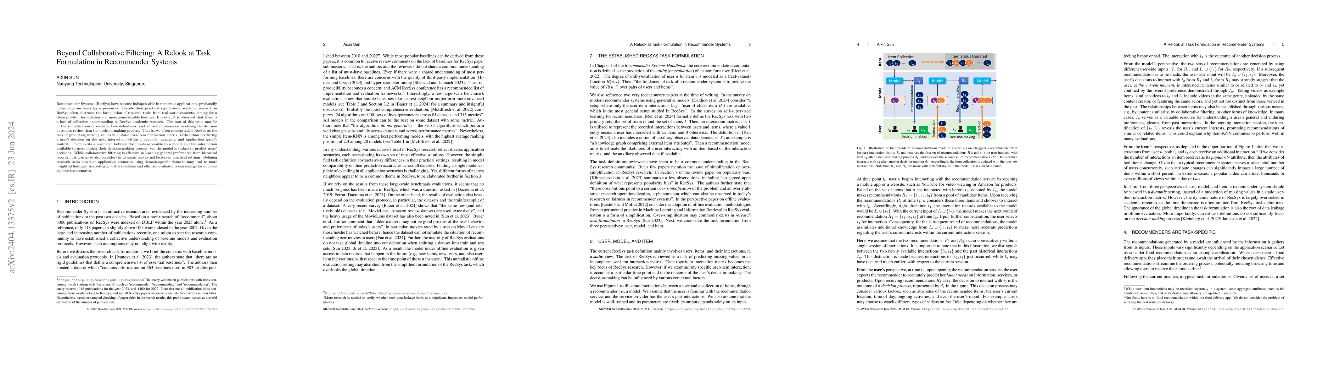 Thumbnail for Beyond Collaborative Filtering: A Relook at Task Formulation in
  Recommender Systems