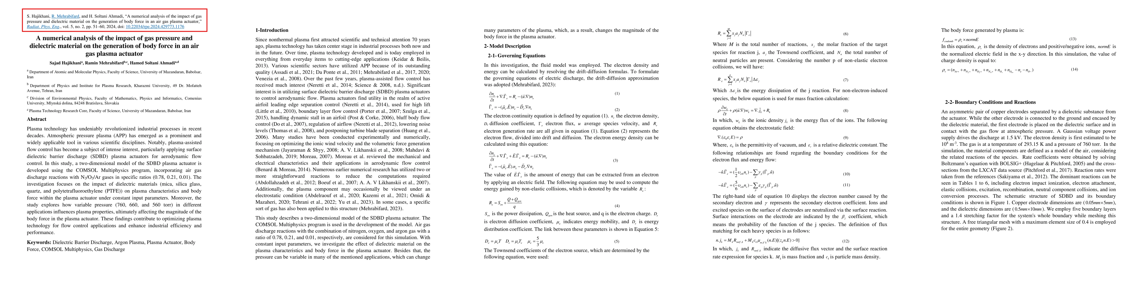 Thumbnail for A numerical analysis of the impact of gas pressure and dielectric
  material on the generation of body force in an air gas plasma actuator