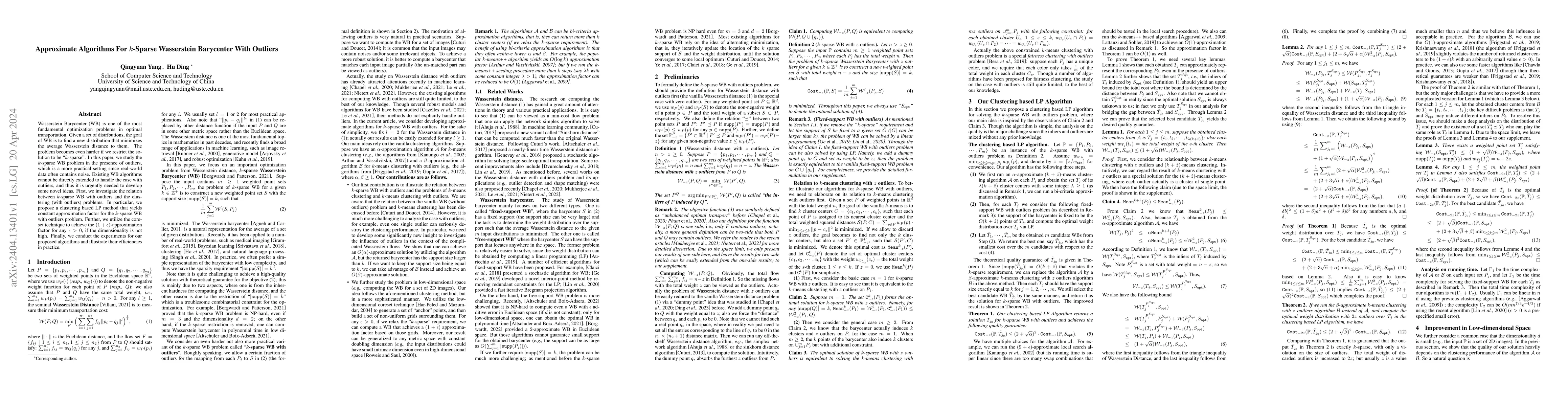 Thumbnail for Approximate Algorithms For $k$-Sparse Wasserstein Barycenter With
  Outliers