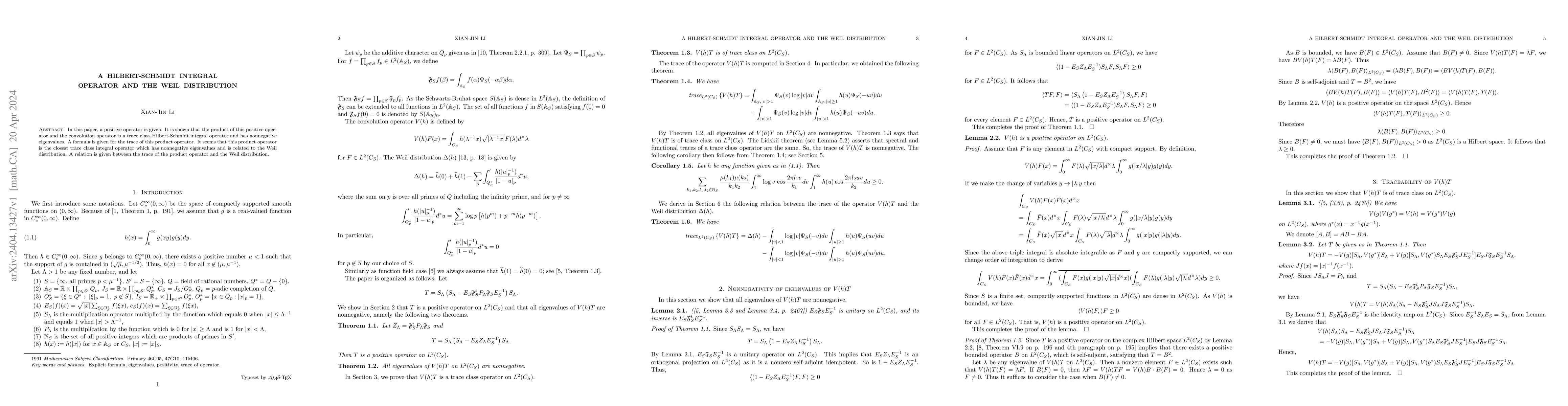Thumbnail for A Hilbert-Schmidt integral operator and the Weil distribution