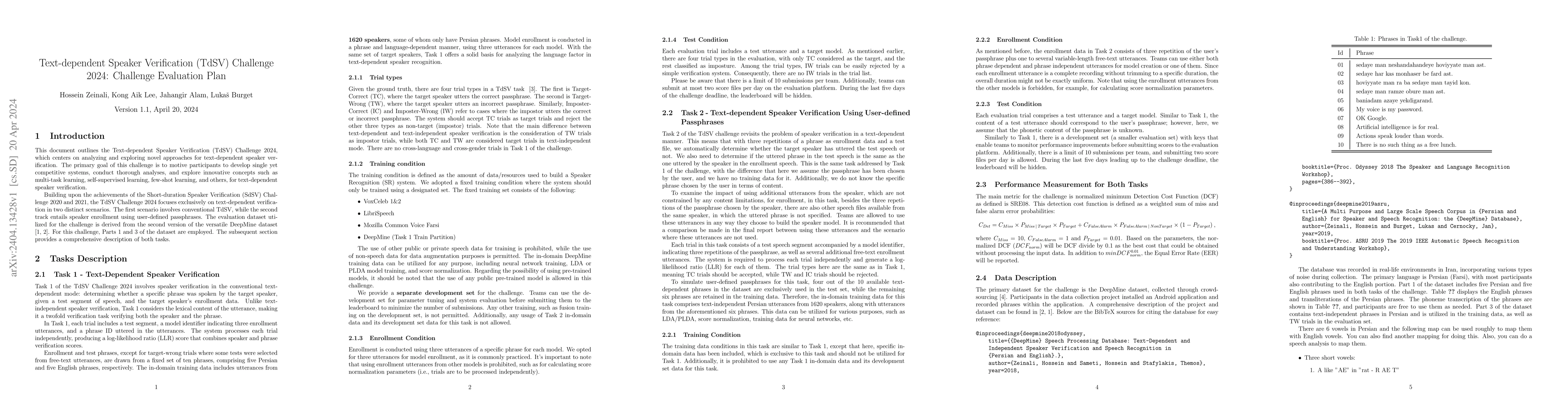 Thumbnail for Text-dependent Speaker Verification (TdSV) Challenge 2024: Challenge
  Evaluation Plan