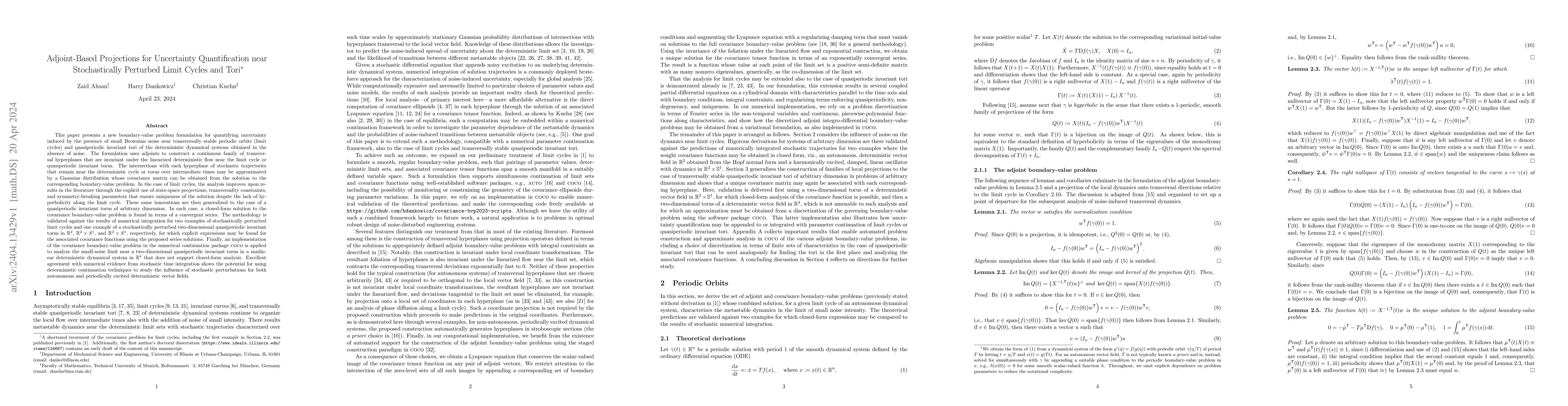 Thumbnail for Adjoint-Based Projections for Uncertainty Quantification near
  Stochastically Perturbed Limit Cycles and Tori