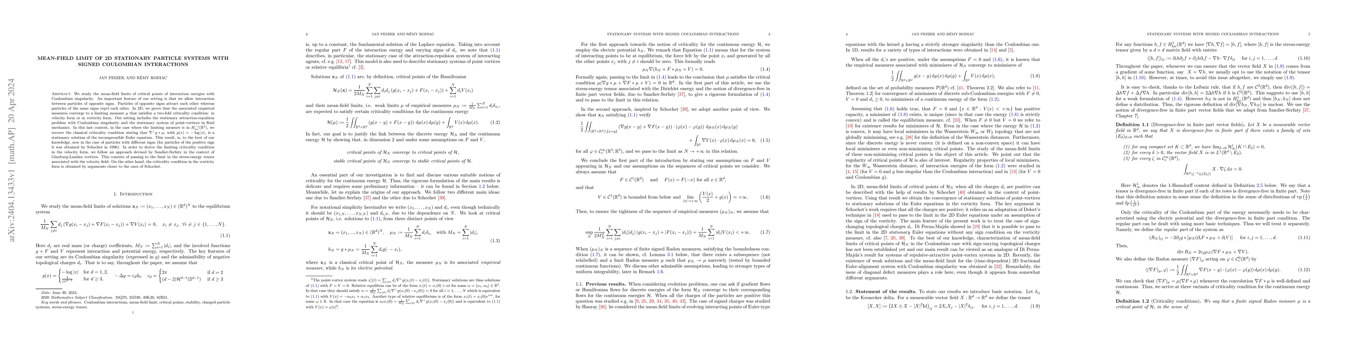 Thumbnail for Mean-field limit of 2D stationary particle systems with signed
  Coulombian interactions