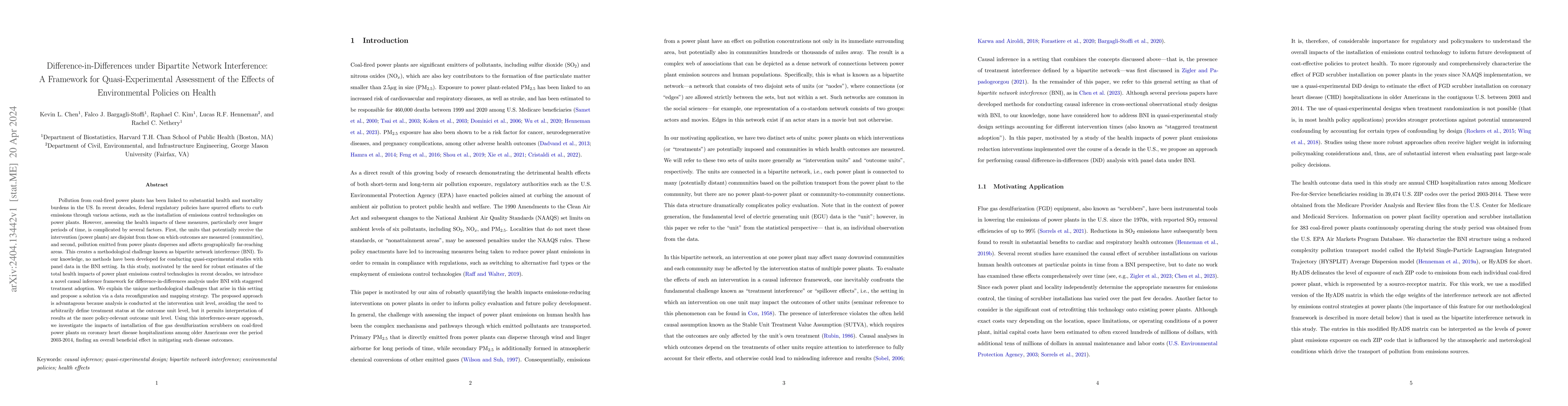 Thumbnail for Difference-in-Differences under Bipartite Network Interference: A
  Framework for Quasi-Experimental Assessment of the Effects of Environmental
  Policies on Health