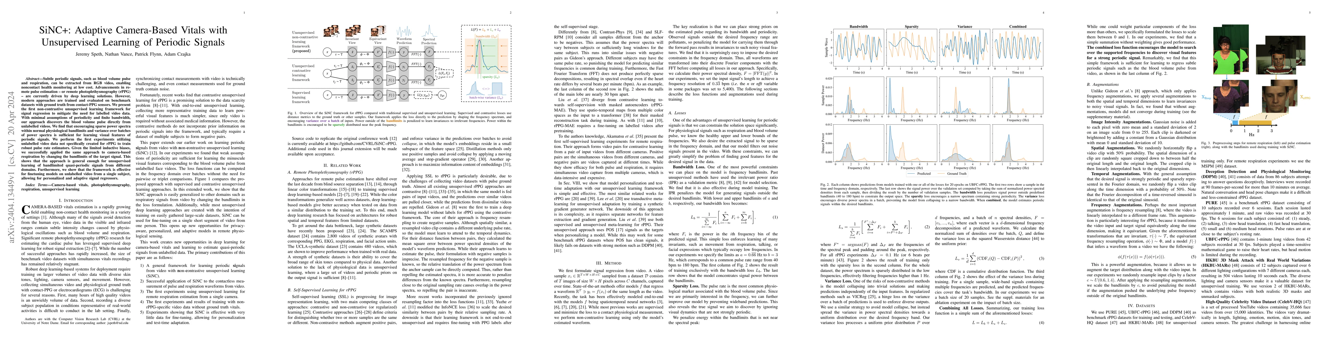 Thumbnail for SiNC+: Adaptive Camera-Based Vitals with Unsupervised Learning of
  Periodic Signals