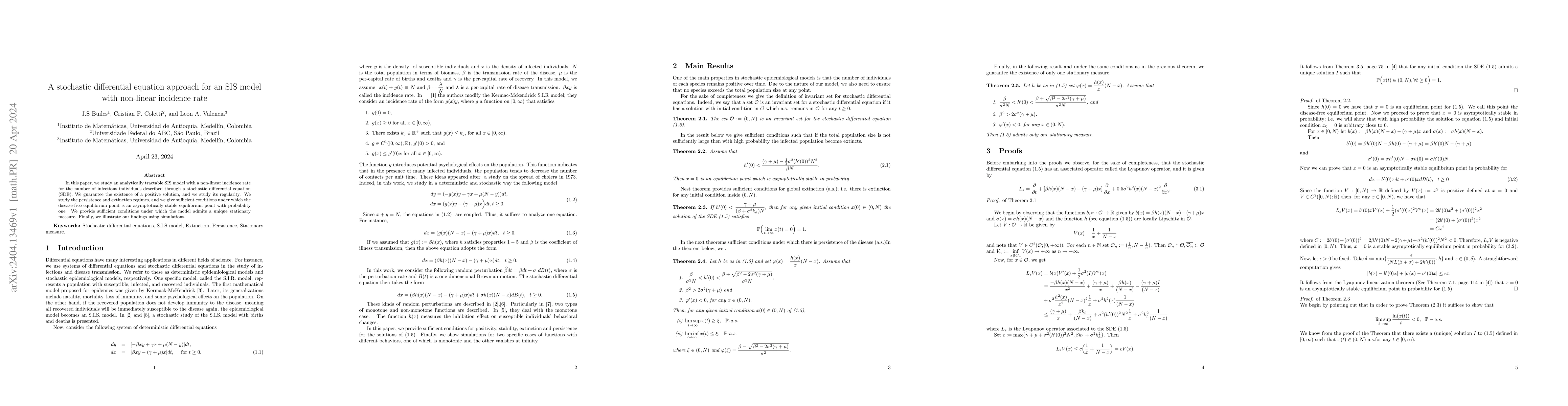 Thumbnail for A stochastic differential equation approach for an SIS model with
  non-linear incidence rate