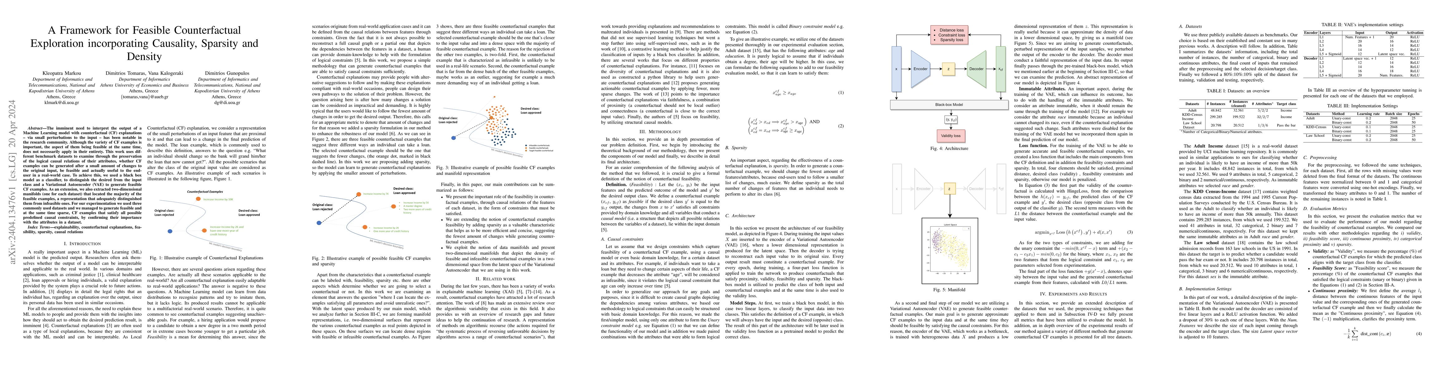 Thumbnail for A Framework for Feasible Counterfactual Exploration incorporating
  Causality, Sparsity and Density