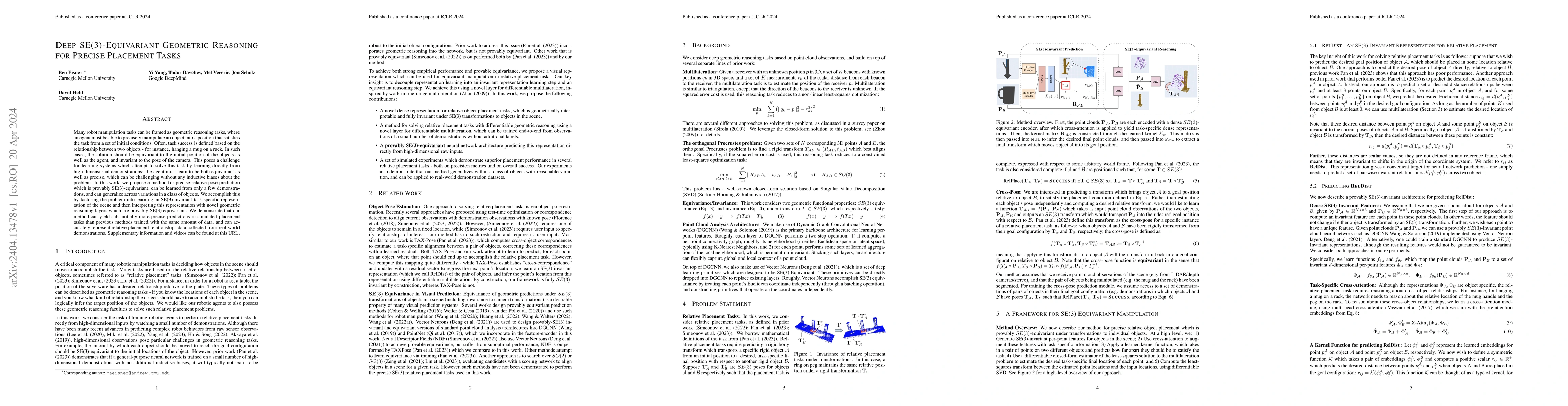 Thumbnail for Deep SE(3)-Equivariant Geometric Reasoning for Precise Placement Tasks