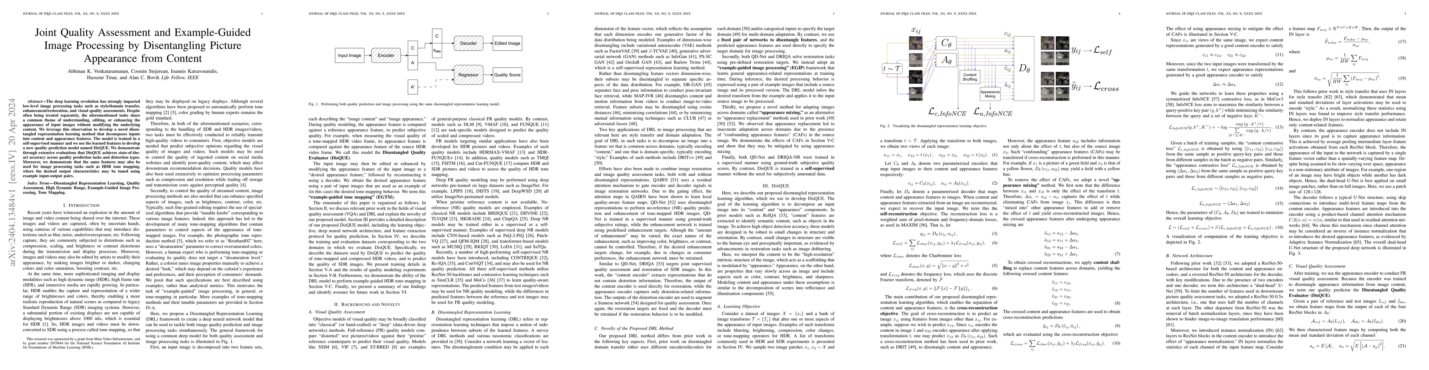 Thumbnail for Joint Quality Assessment and Example-Guided Image Processing by
  Disentangling Picture Appearance from Content