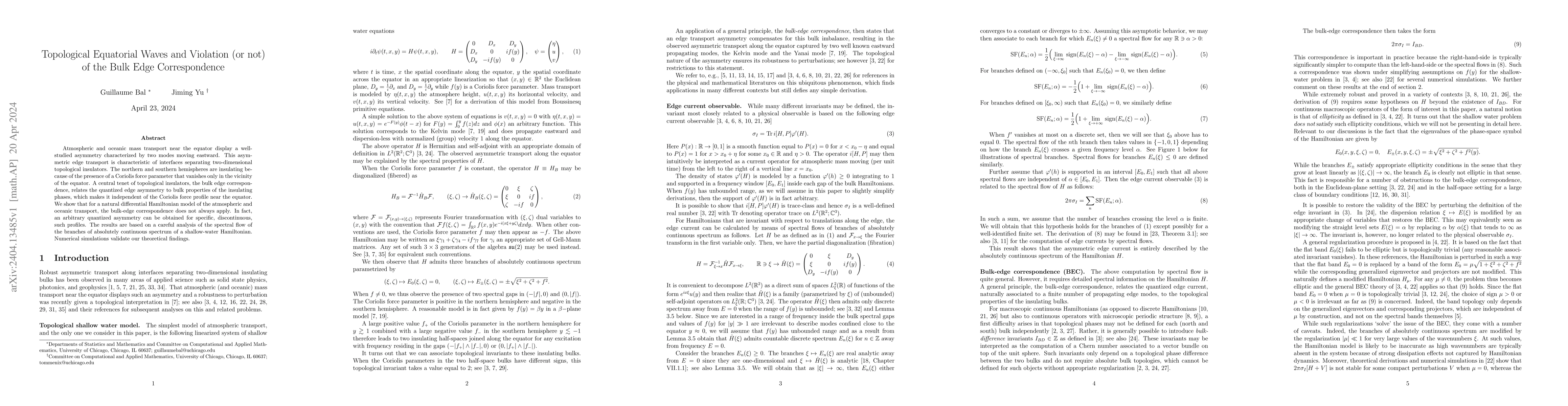 Thumbnail for Topological Equatorial Waves and Violation (or not) of the Bulk Edge
  Correspondence