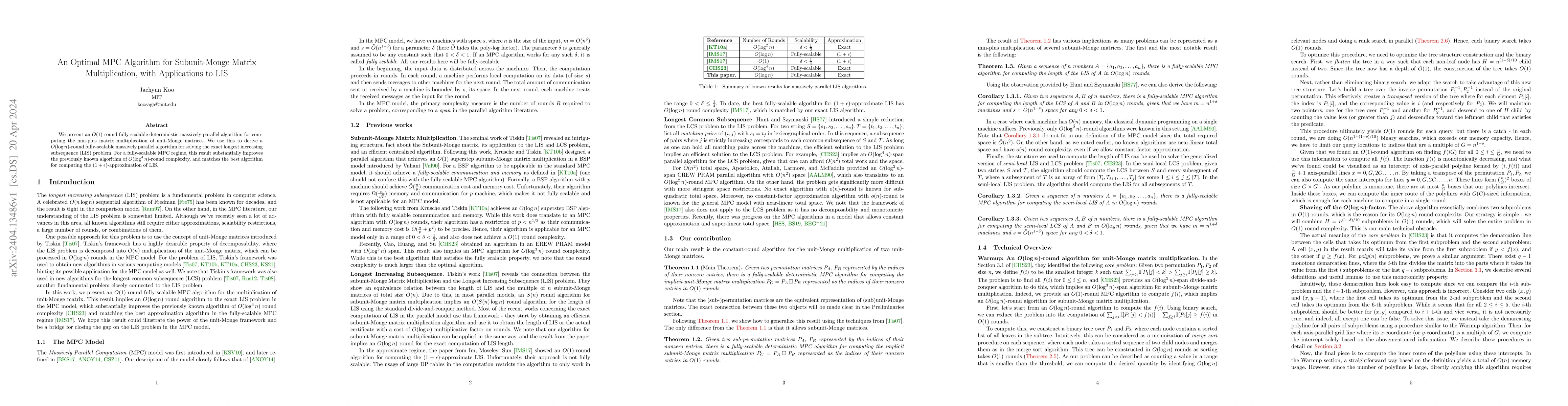 Thumbnail for An Optimal MPC Algorithm for Subunit-Monge Matrix Multiplication, with
  Applications to LIS