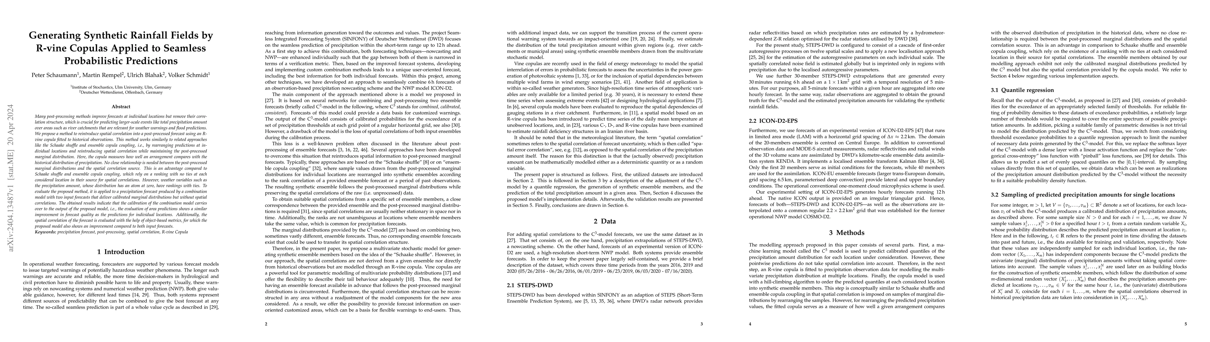 Thumbnail for Generating Synthetic Rainfall Fields by R-vine Copulas Applied to
  Seamless Probabilistic Predictions