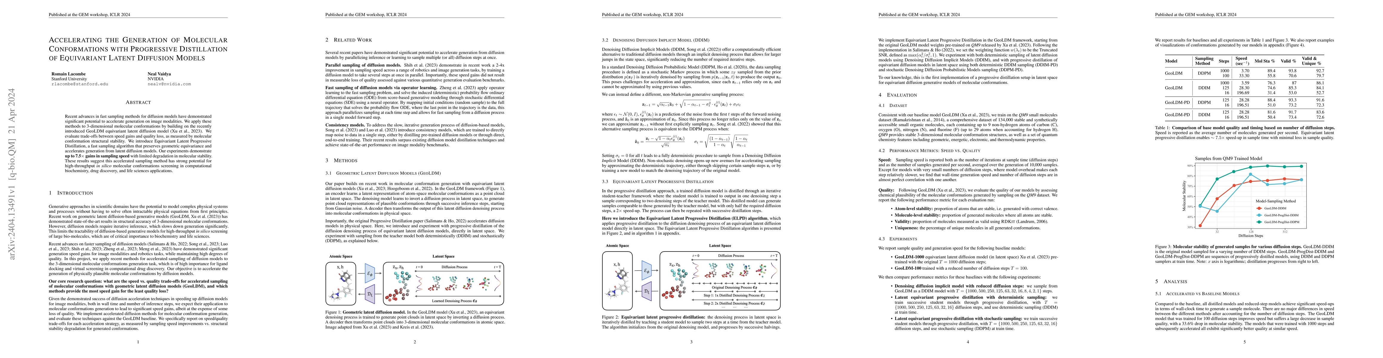 Thumbnail for Accelerating the Generation of Molecular Conformations with Progressive
  Distillation of Equivariant Latent Diffusion Models