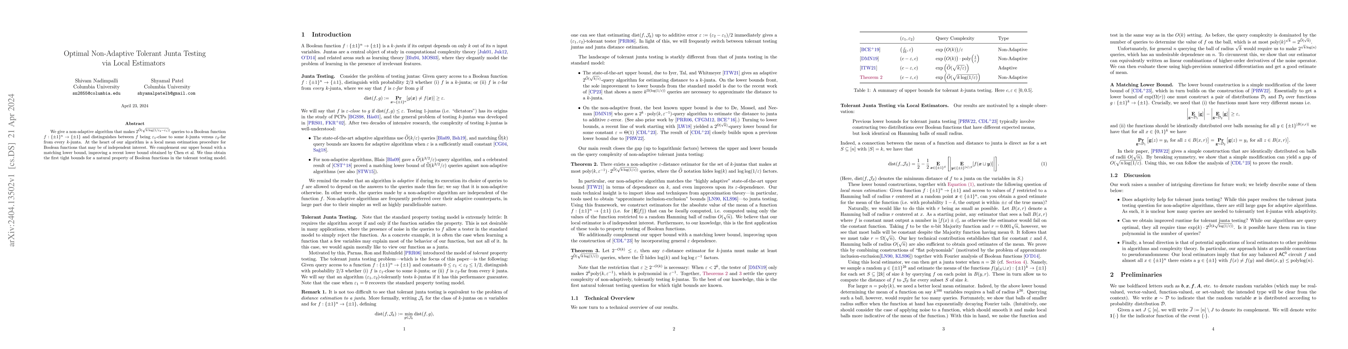 Thumbnail for Optimal Non-Adaptive Tolerant Junta Testing via Local Estimators