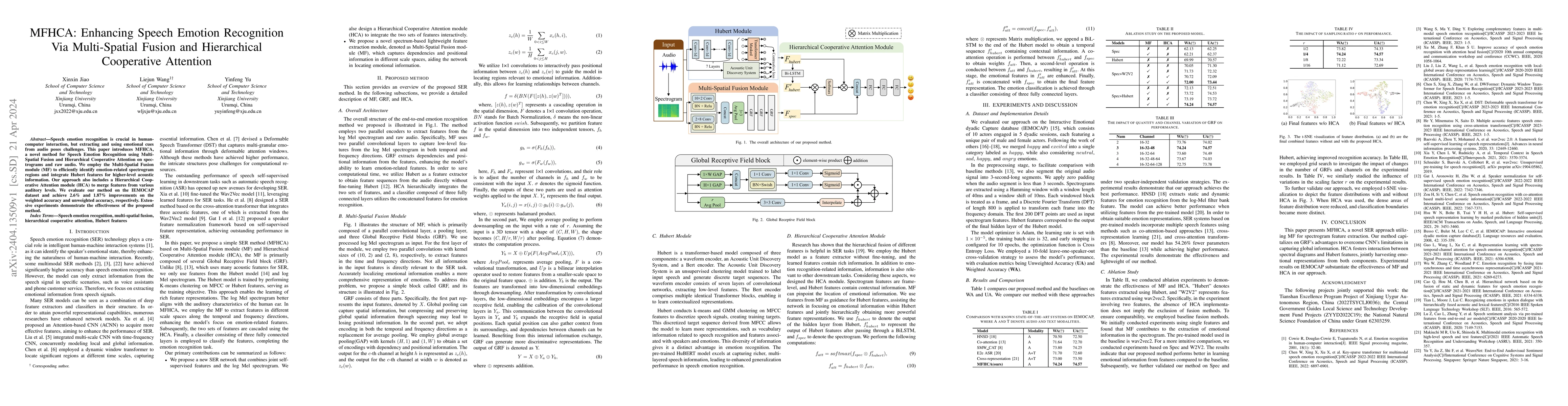 Thumbnail for MFHCA: Enhancing Speech Emotion Recognition Via Multi-Spatial Fusion and
  Hierarchical Cooperative Attention