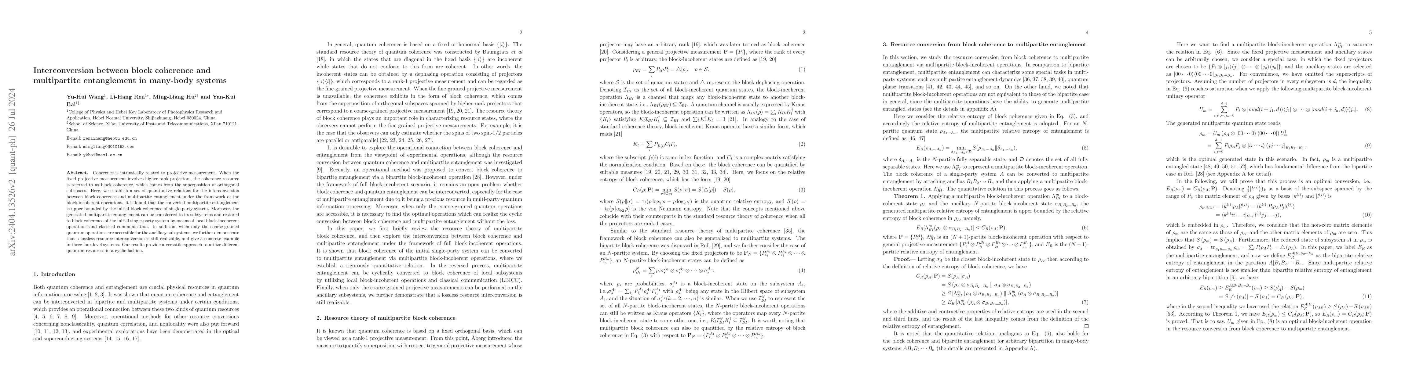 Thumbnail for Interconversion between block coherence and multipartite entanglement in
  many-body systems