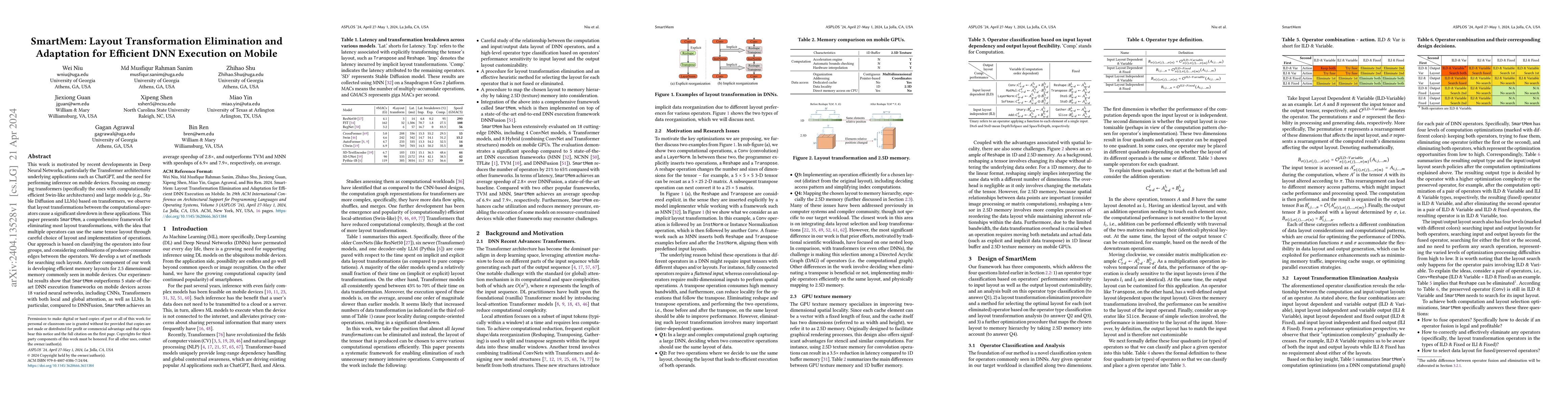 Thumbnail for SmartMem: Layout Transformation Elimination and Adaptation for Efficient
  DNN Execution on Mobile