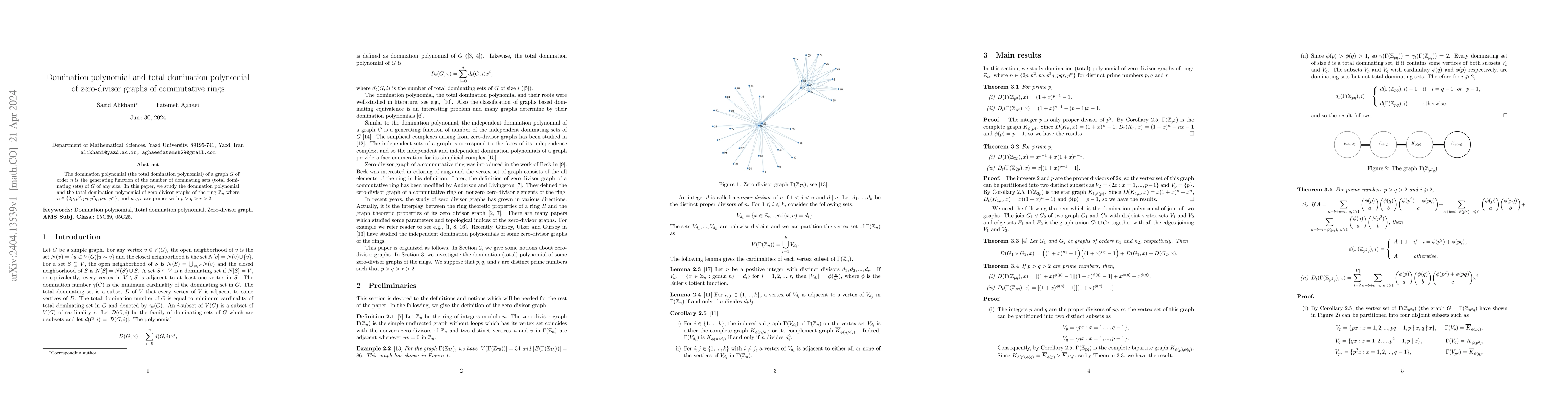 Thumbnail for Domination polynomial and total domination polynomial of zero-divisor
  graphs of commutative rings