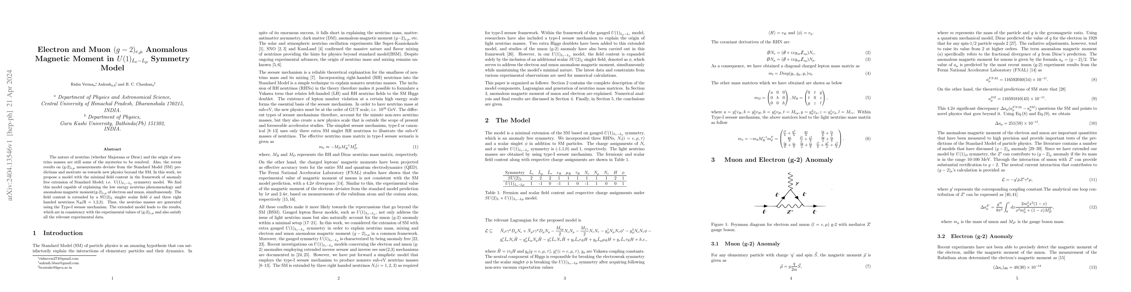 Thumbnail for Electron and Muon $(g-2)_{e,\mu}$ Anomalous Magnetic Moment in
  $U(1)_{L_e-L_{\mu}}$ Symmetry Model
