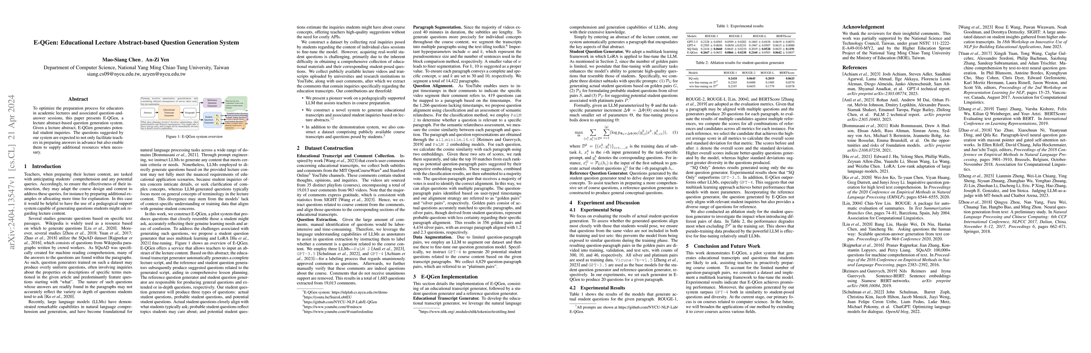 Thumbnail for E-QGen: Educational Lecture Abstract-based Question Generation System