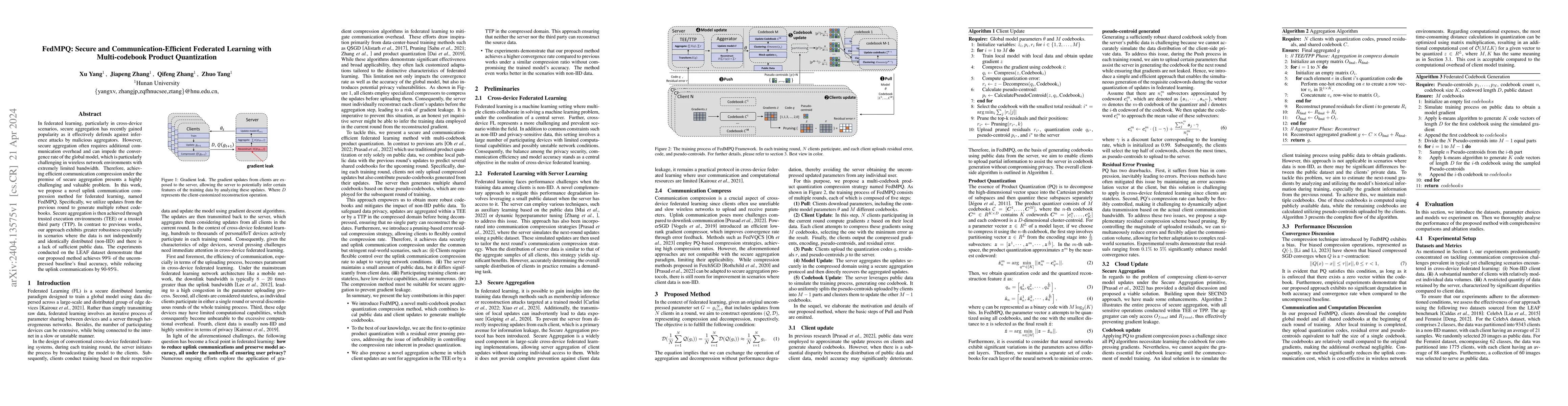 Thumbnail for FedMPQ: Secure and Communication-Efficient Federated Learning with
  Multi-codebook Product Quantization
