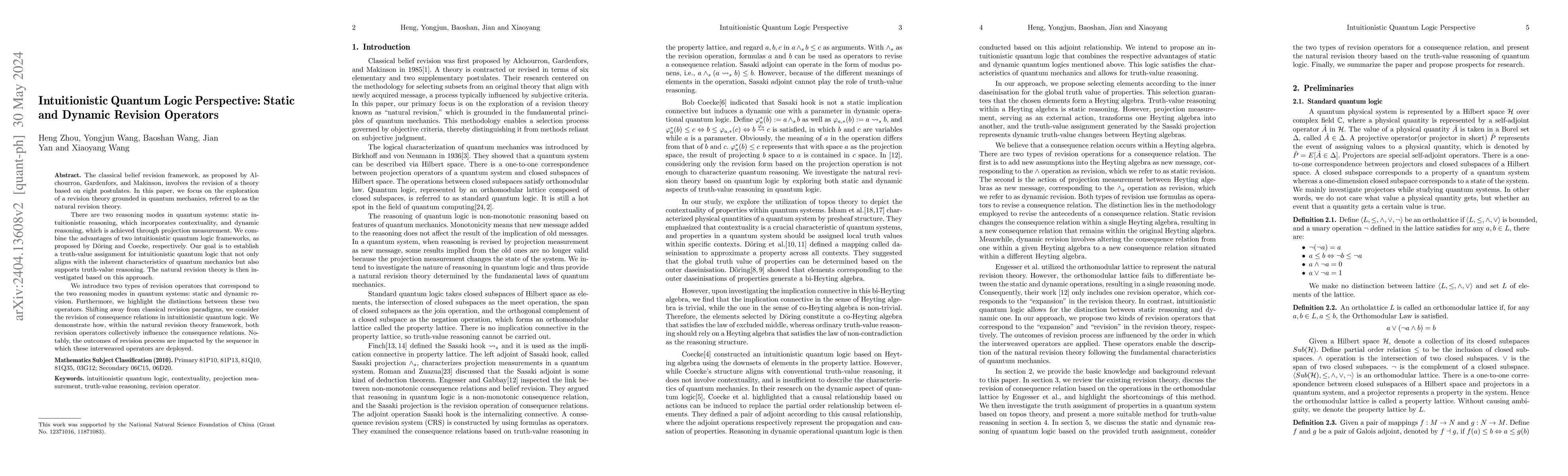 Thumbnail for Intuitionistic Quantum Logic Perspective: Static and Dynamic Revision
  Operators