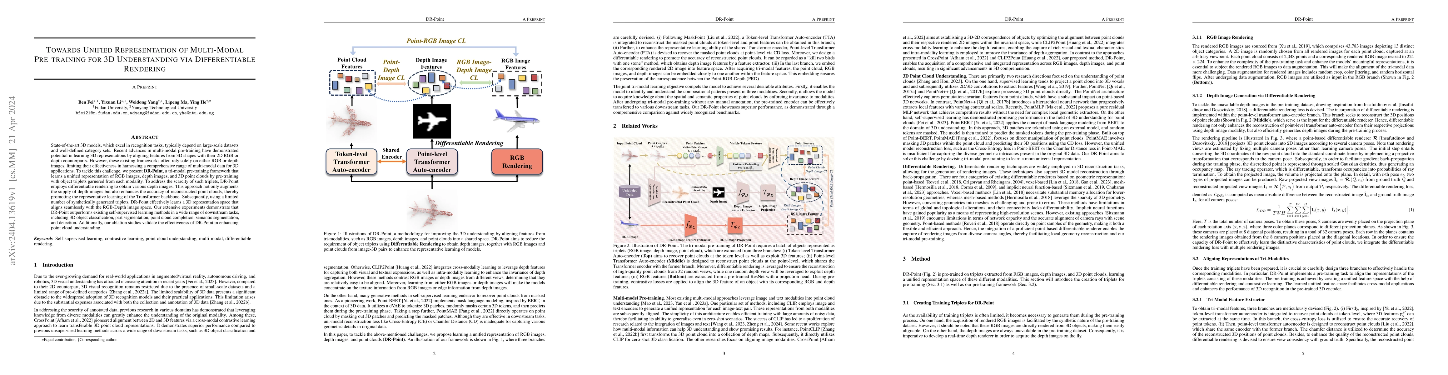 Thumbnail for Towards Unified Representation of Multi-Modal Pre-training for 3D
  Understanding via Differentiable Rendering