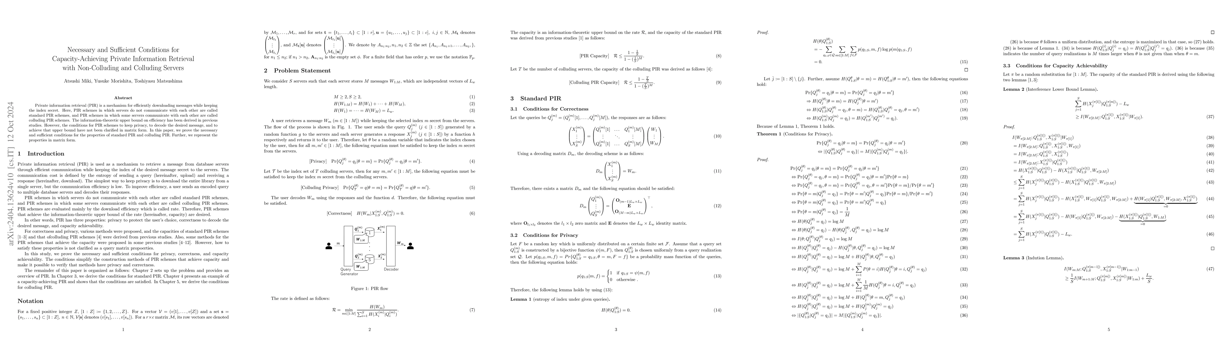 Thumbnail for Necessary and Sufficient Conditions for Capacity-Achieving Private
  Information Retrieval with Non-Colluding and Colluding Servers