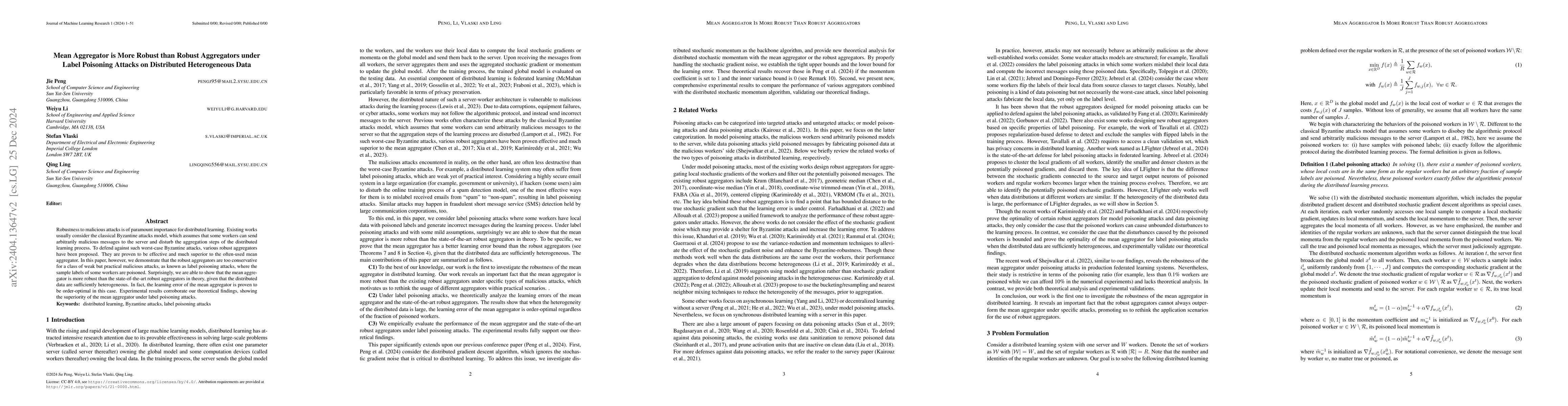 Thumbnail for Mean Aggregator Is More Robust Than Robust Aggregators Under Label
  Poisoning Attacks