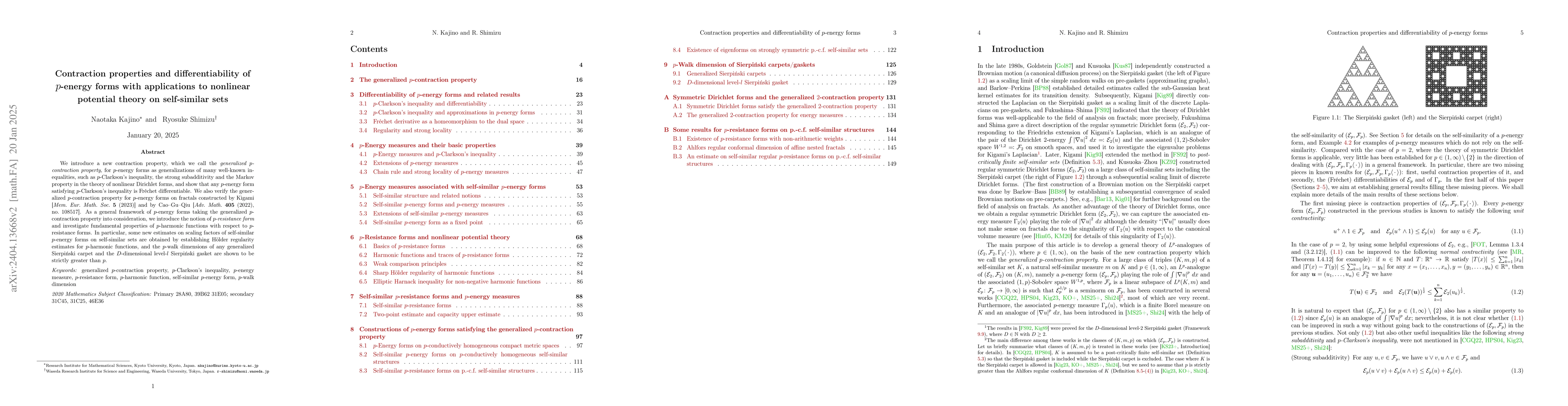 Thumbnail for Contraction properties and differentiability of $p$-energy forms with
  applications to nonlinear potential theory on self-similar sets