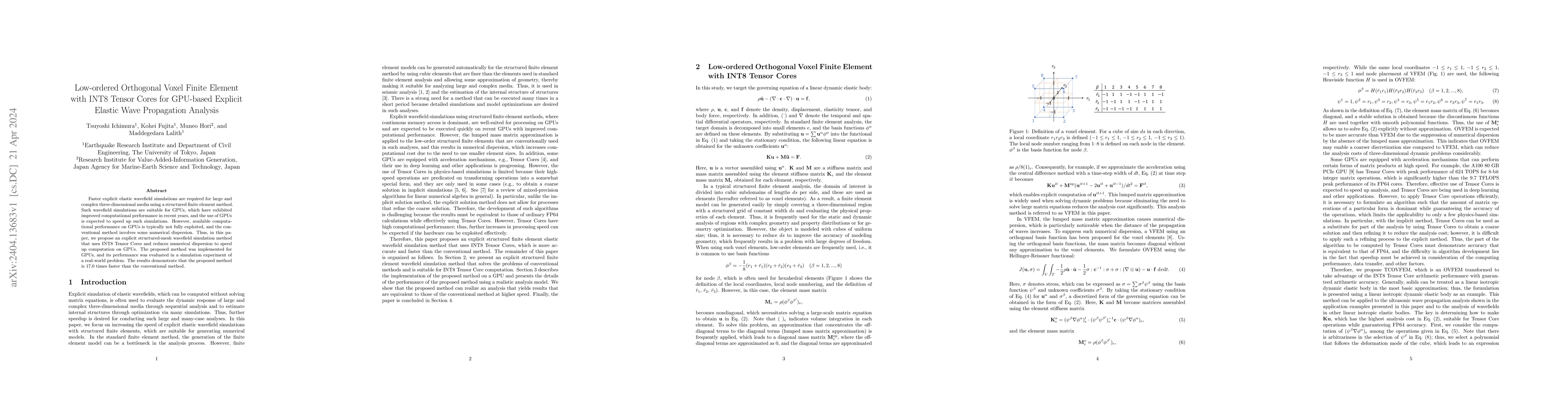 Thumbnail for Low-ordered Orthogonal Voxel Finite Element with INT8 Tensor Cores for
  GPU-based Explicit Elastic Wave Propagation Analysis
