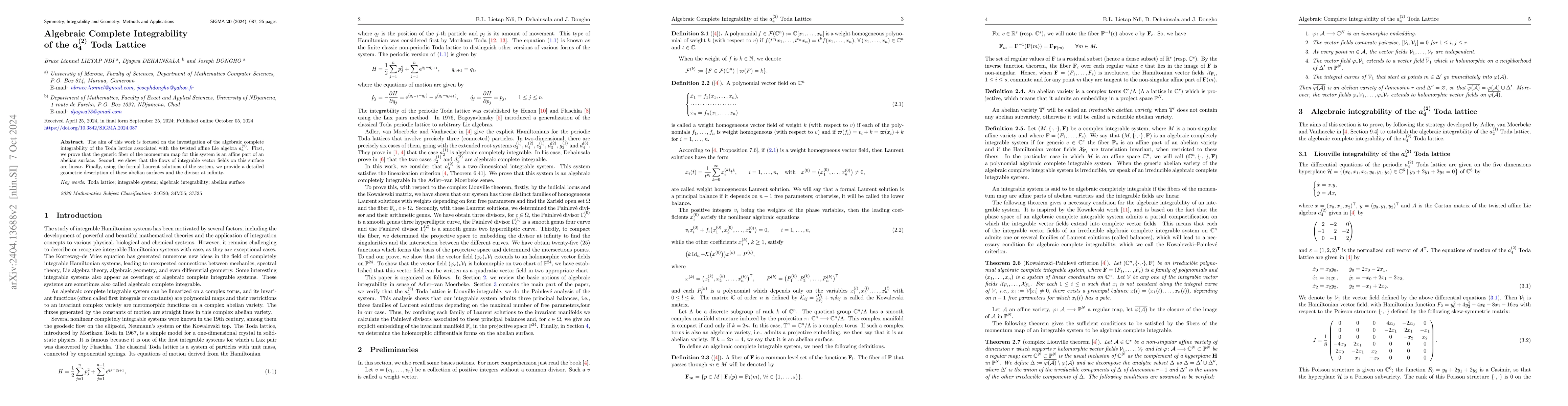 Thumbnail for Algebraic Complete Integrability of the (a_4^{\left(2\right)}) Toda
  lattice