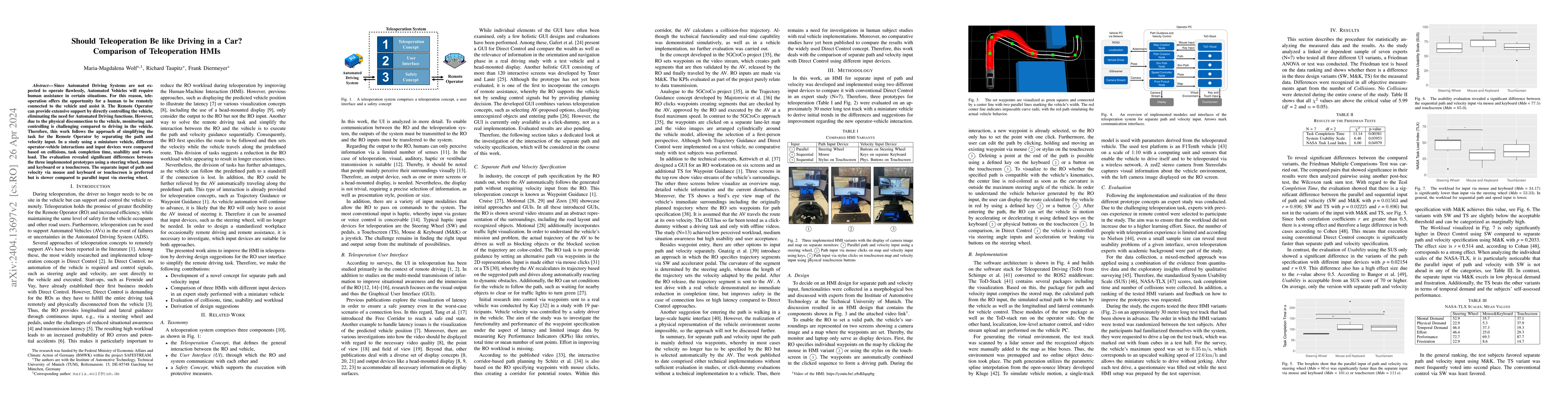 Thumbnail for Should Teleoperation Be like Driving in a Car? Comparison of
  Teleoperation HMIs
