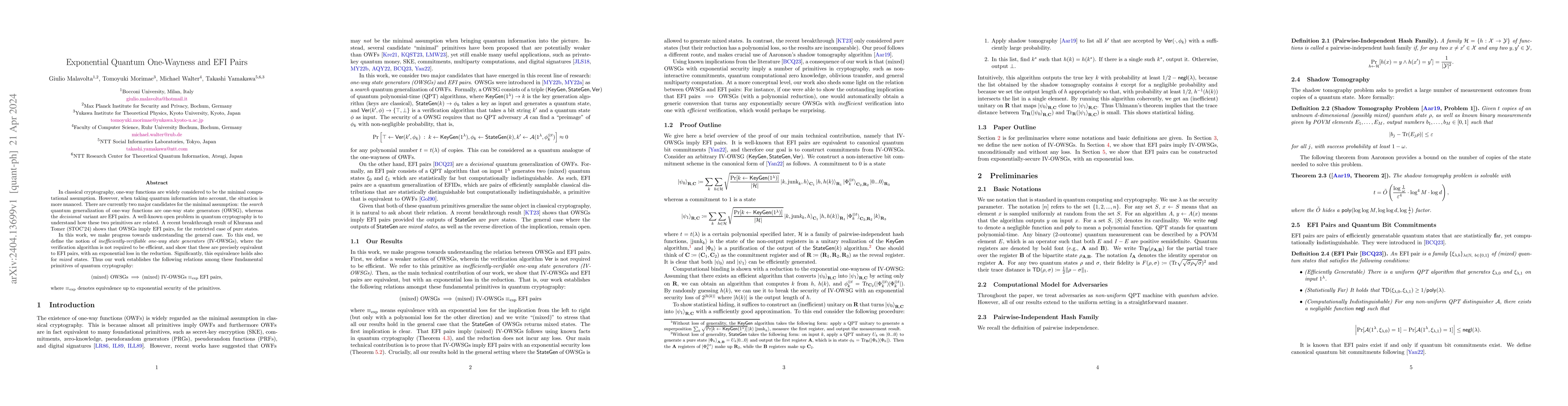Thumbnail for Exponential Quantum One-Wayness and EFI Pairs