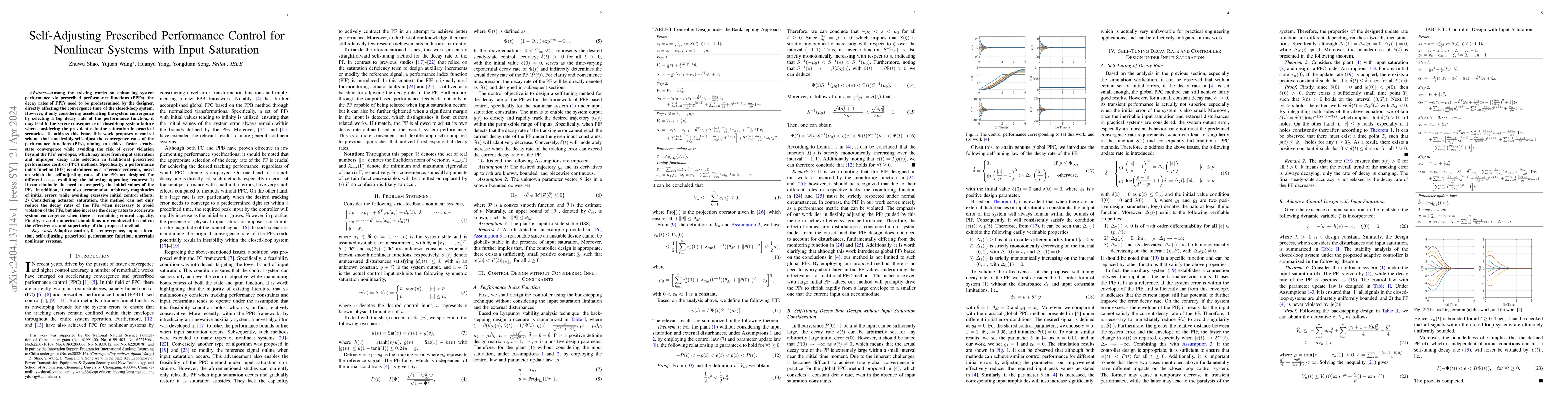 Thumbnail for Self-Adjusting Prescribed Performance Control for Nonlinear Systems with
  Input Saturation