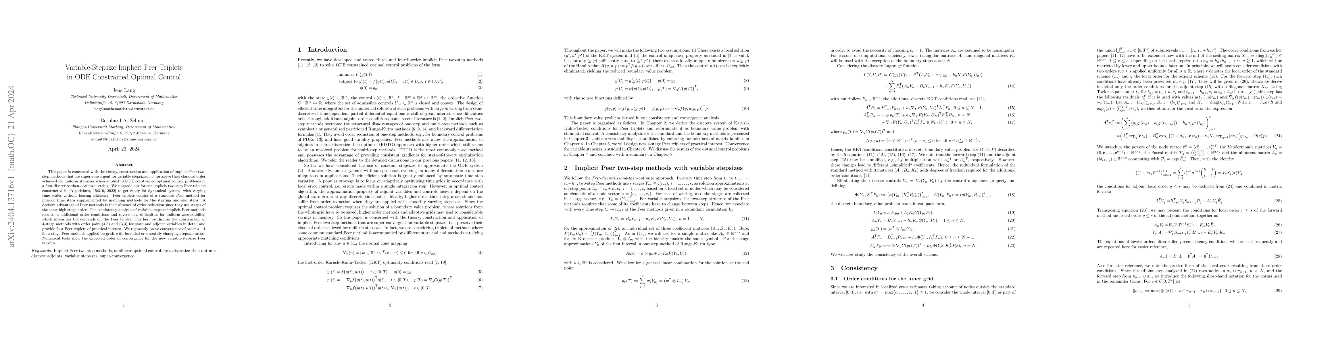 Thumbnail for Variable-Stepsize Implicit Peer Triplets in ODE Constrained Optimal
  Control