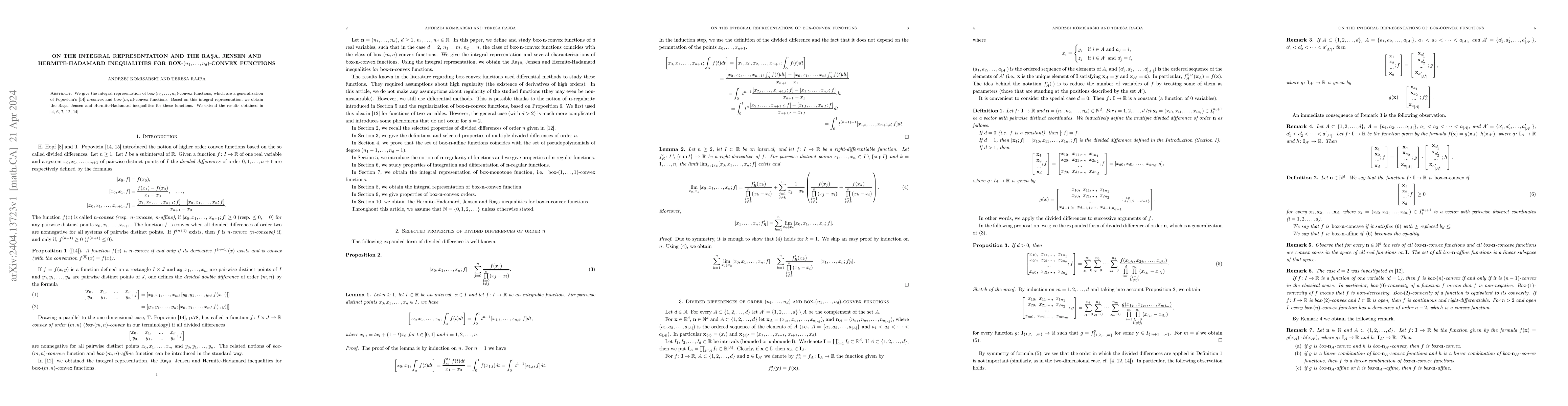 Thumbnail for On the integral representation and the Ra\c{s}a, Jensen and
  Hermite-Hadamard inequalities for box-$(n_1,\ldots, n_d)$-convex functions