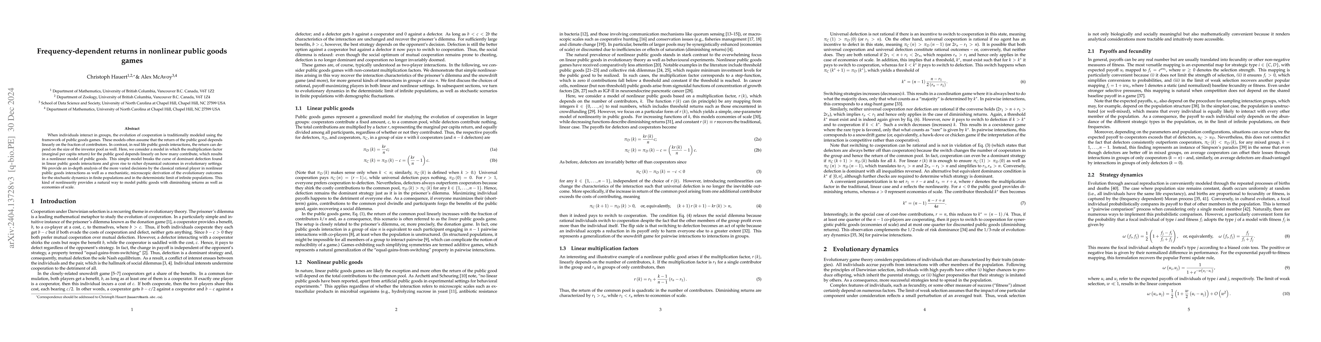 Thumbnail for Frequency-dependent returns in nonlinear public goods games