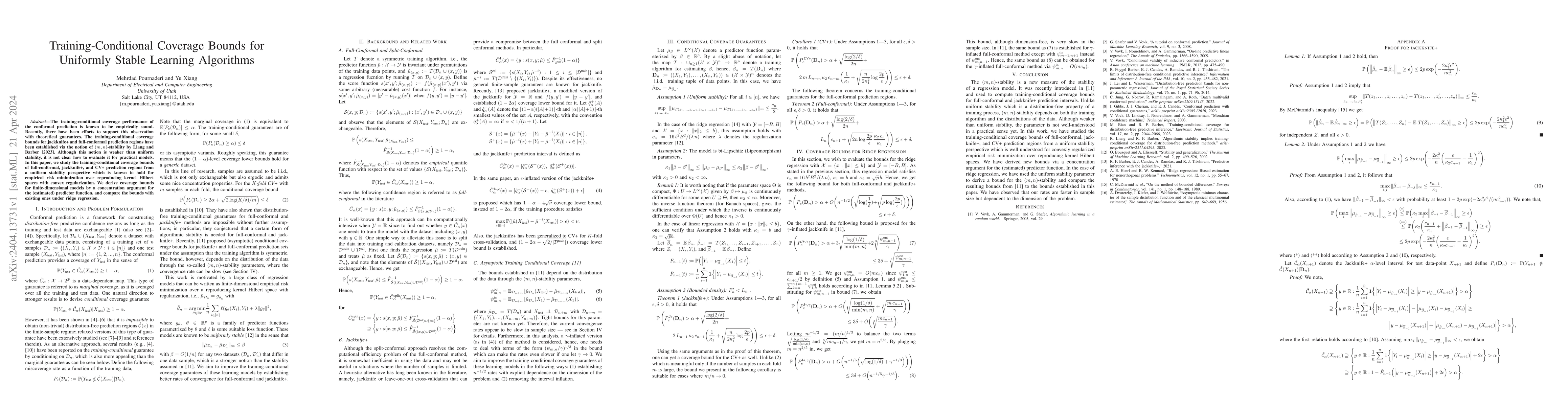 Thumbnail for Training-Conditional Coverage Bounds for Uniformly Stable Learning
  Algorithms