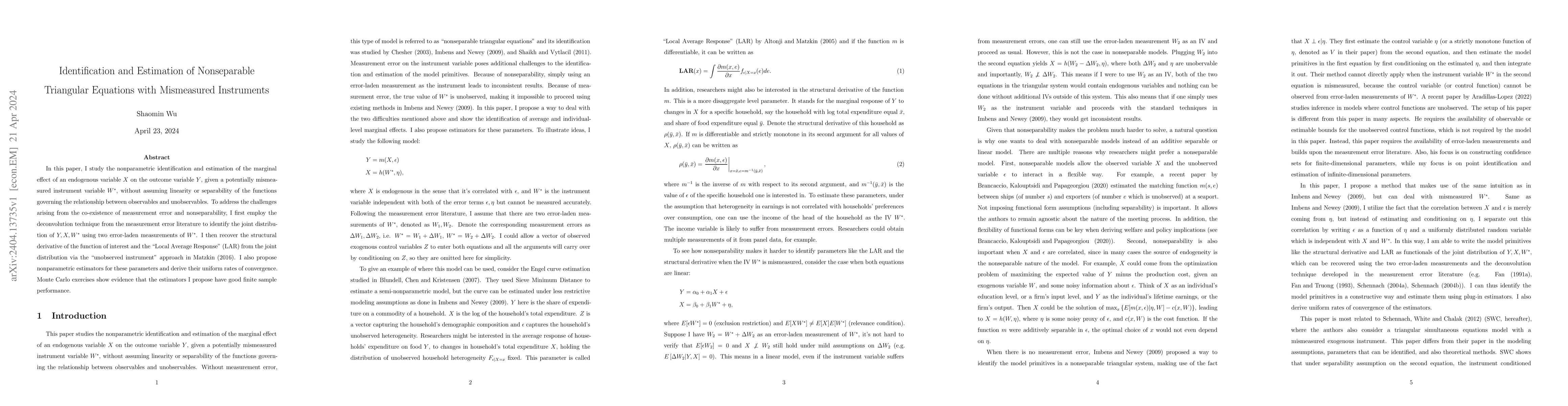 Thumbnail for Identification and Estimation of Nonseparable Triangular Equations with
  Mismeasured Instruments