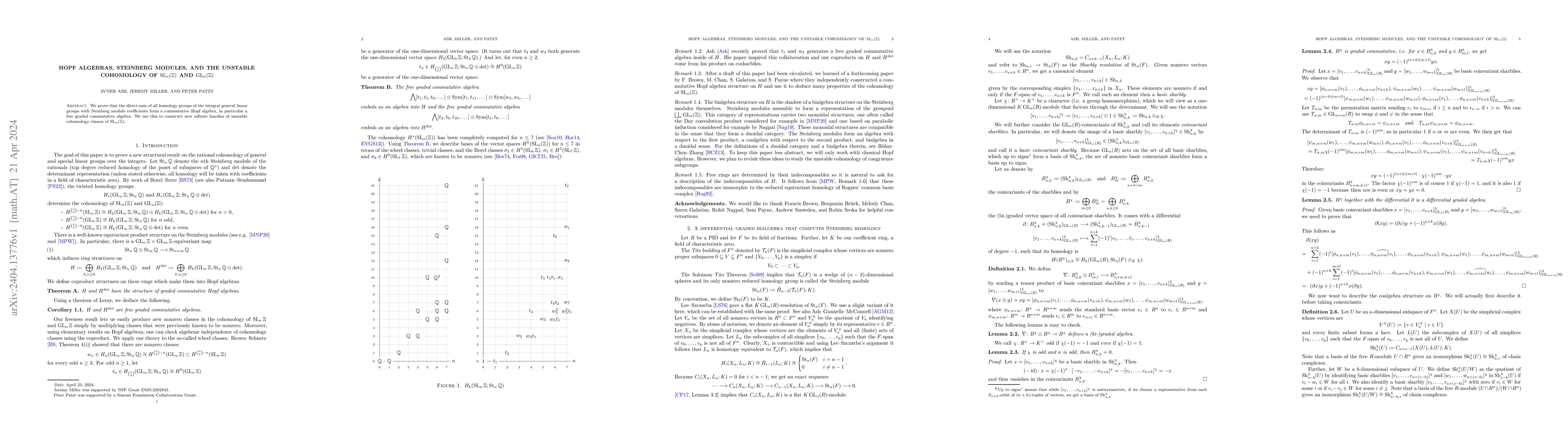 Thumbnail for Hopf algebras, Steinberg modules, and the unstable cohomology of
  $SL_n(\mathbb Z)$ and $GL_n(\mathbb Z)$