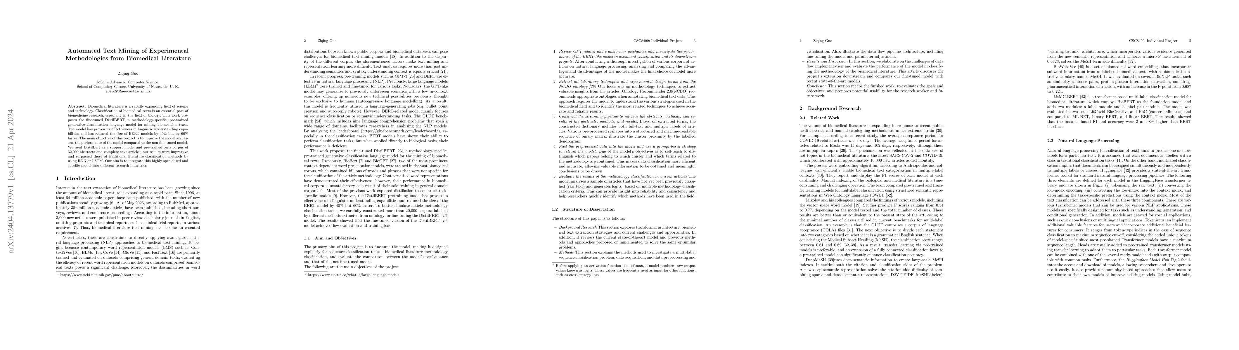 Thumbnail for Automated Text Mining of Experimental Methodologies from Biomedical
  Literature