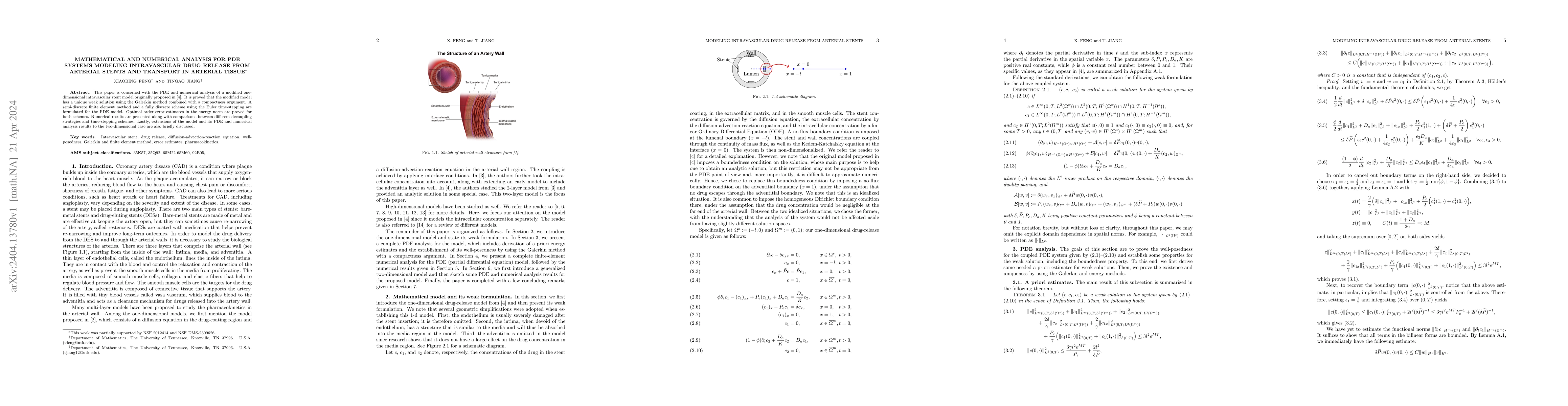 Thumbnail for Mathematical and numerical analysis for PDE systems modeling
  intravascular drug release from arterial stents and transport in arterial
  tissue
