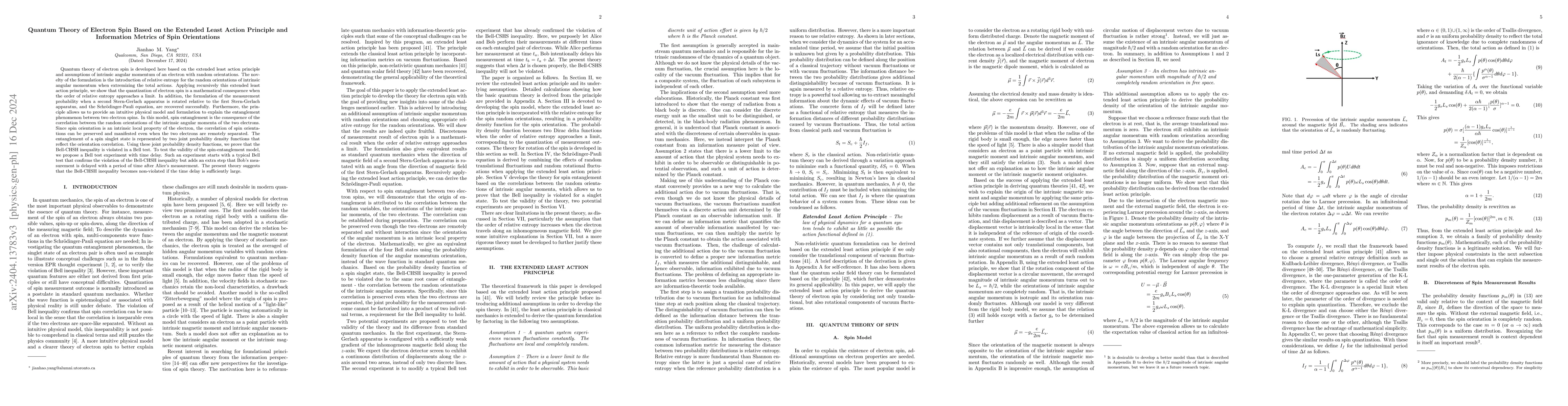 Thumbnail for Spin Theory Based on the Extended Least Action Principle and Information
  Metrics: Quantization, Entanglement, and Bell Test With Time Delay