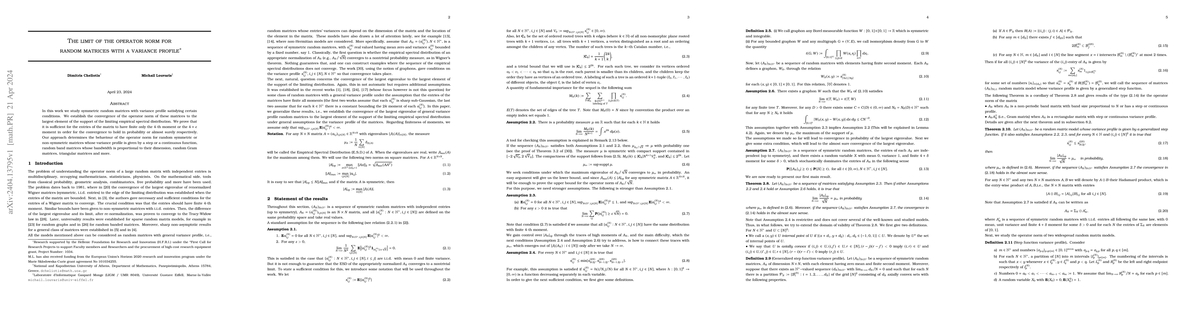 Thumbnail for The limit of the operator norm for random matrices with a variance
  profile