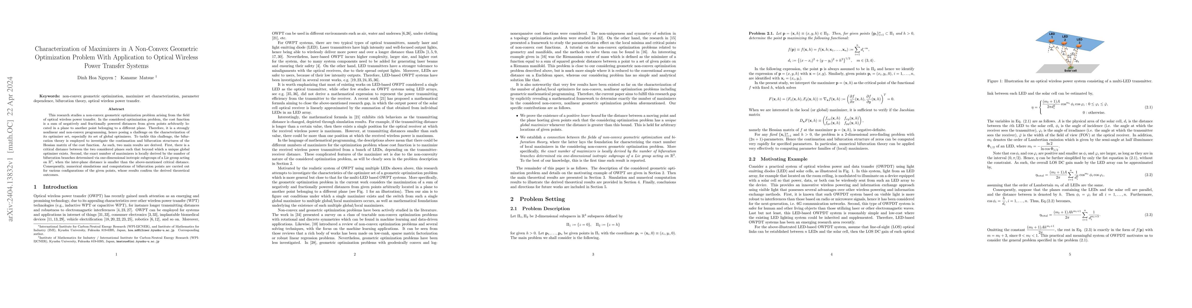 Thumbnail for Characterization of Maximizers in A Non-Convex Geometric Optimization
  Problem With Application to Optical Wireless Power Transfer Systems