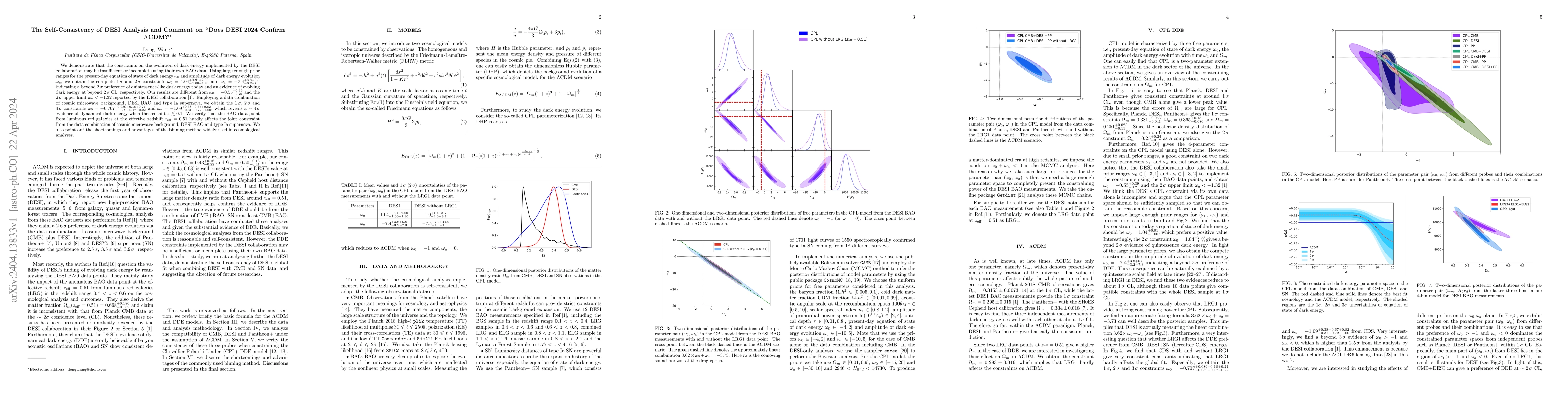 Thumbnail for The Self-Consistency of DESI Analysis and Comment on "Does DESI 2024
  Confirm $\Lambda$CDM?"