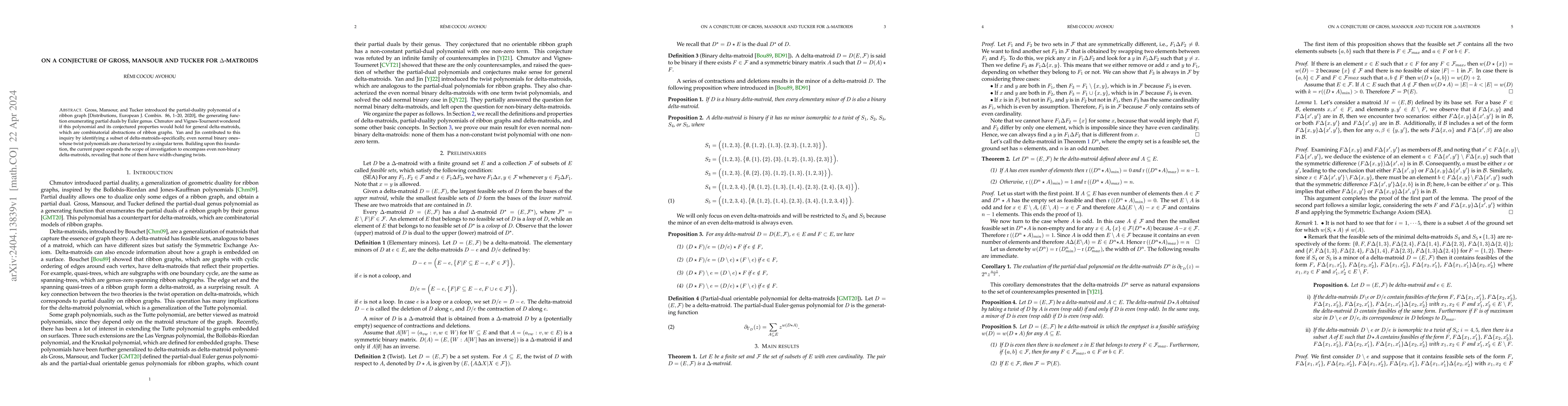 Thumbnail for On a conjecture of Gross, Mansour and Tucker for $\Delta$-matroids