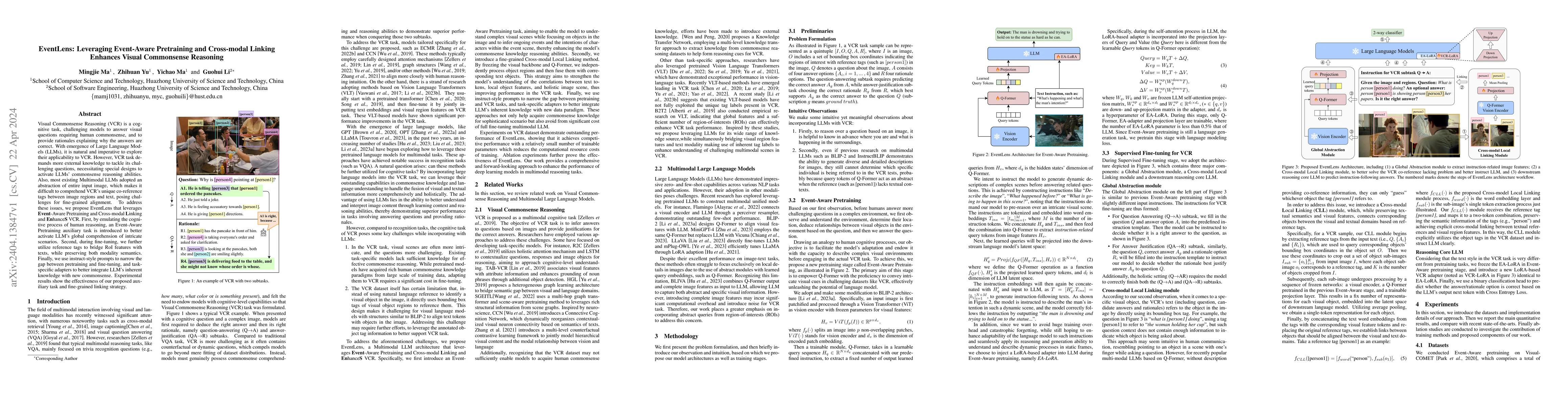 Thumbnail for EventLens: Leveraging Event-Aware Pretraining and Cross-modal Linking
  Enhances Visual Commonsense Reasoning